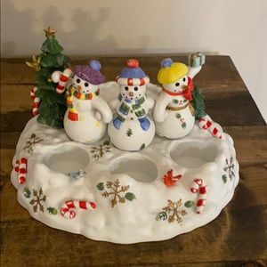 Partylite 3 Snowmen with Pine Trees Candle Holder